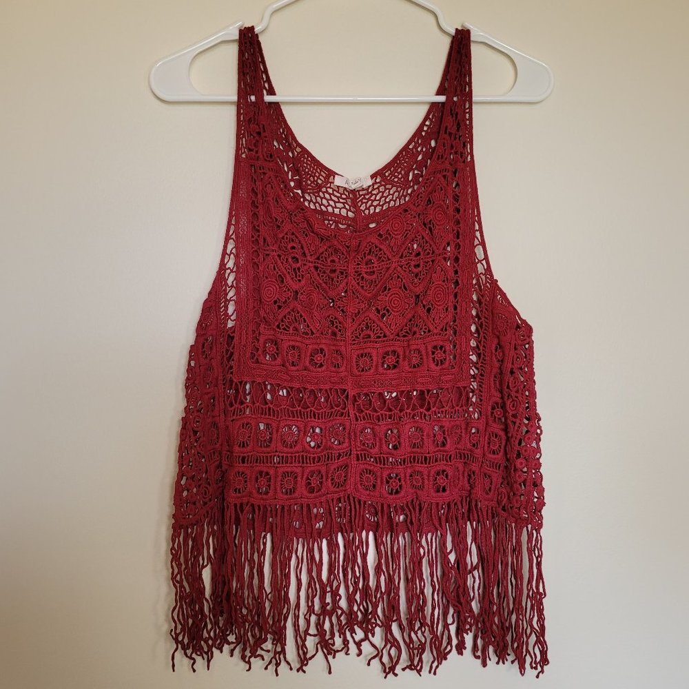 Red Crochet Fringe Cropped Tank Top